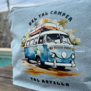 Neceser Astilla Camper azul de algodón reciclado con cierre de cremallera y diseño camper