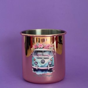 Taza camper de acero inoxidable 480 ml con recubrimiento oro rosa y asa dorada, resistente y térmica