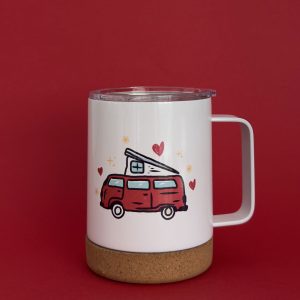 Vista delantera de la taza térmica Camper Love blanca de acero inoxidable con diseño exclusivo