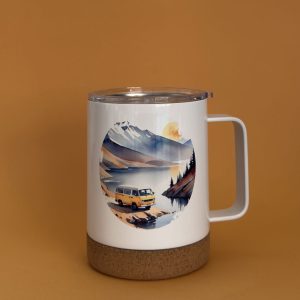 Vista delantera de la taza térmica Camper Viaje blanca de acero inoxidable con diseño exclusivo