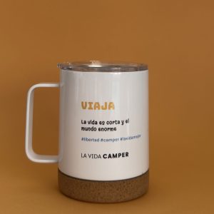Vista trasera de la taza térmica Camper Viaje blanca de acero inoxidable con acabado brillo