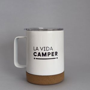 Vista trasera de la taza térmica Aparcao blanca de acero inoxidable con acabado brillo