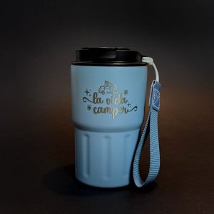 Vaso térmico azul de 320 ml para camper y autocaravana, ideal para viajes furgoneteros